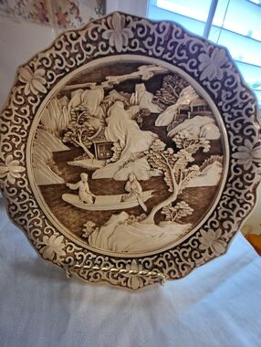 Hand-Carved Ivory Dynasty Scenic Decorative 9.6 In. Plate in Cream and Brown